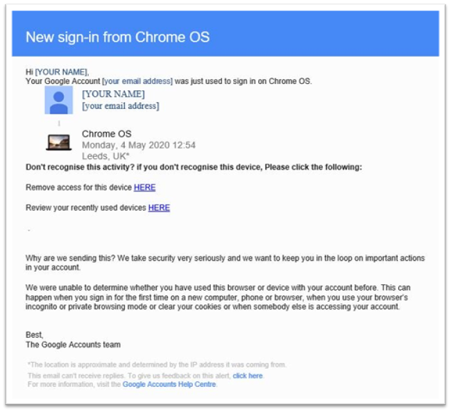 phishing email simulation replicating a Google Account alert