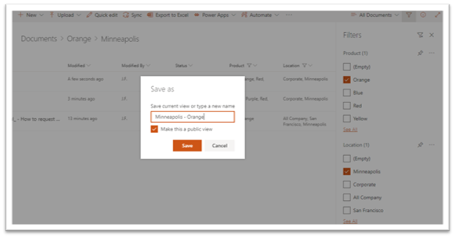 screenshot - saving a view in SharePoint